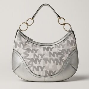 Y2K Silver NY Logo Hobo Bag – Metallic Leather & Canvas - EUC